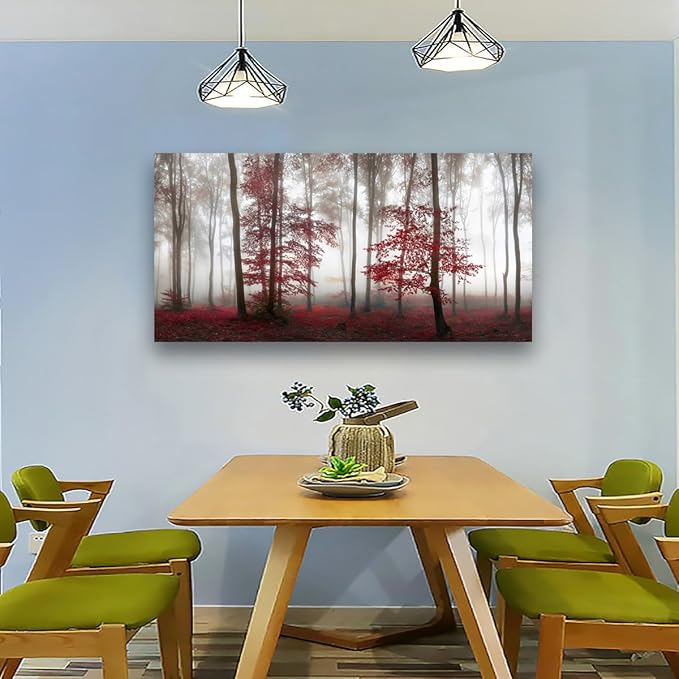 Misty Forest Pictures Canvas Wall Art for Living room Office Bedroom Wall Decor,Forest Wall Art Print Paintings Modern Nature Red Tree Artwork Waterproof Ready to Hang-20x40inch