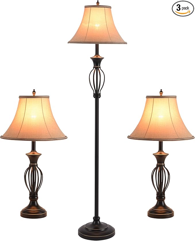 3 Pack Lamp Set, Living Room Light Set of 3, Floor and Table Lamp Set in Black Finish with Vintage Brown Fabric Light Shades, 26" and 61"(H), Solid Iron