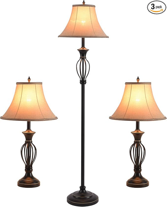 3 Pack Lamp Set, Living Room Light Set of 3, Floor and Table Lamp Set in Black Finish with Vintage Brown Fabric Light Shades, 26" and 61"(H), Solid Iron