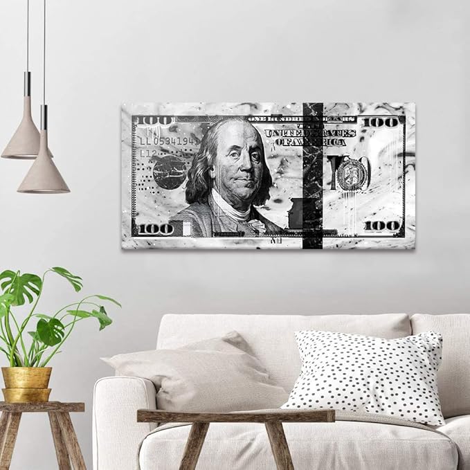 Black and White Office Decor Wall Art Canvas 100 Dollar Money Posters and Prints Artwork HD Print 100 USD Bill Money Work Pictures for Office Home Living Room Bedroom Rest Room Framed-32"Wx16"H