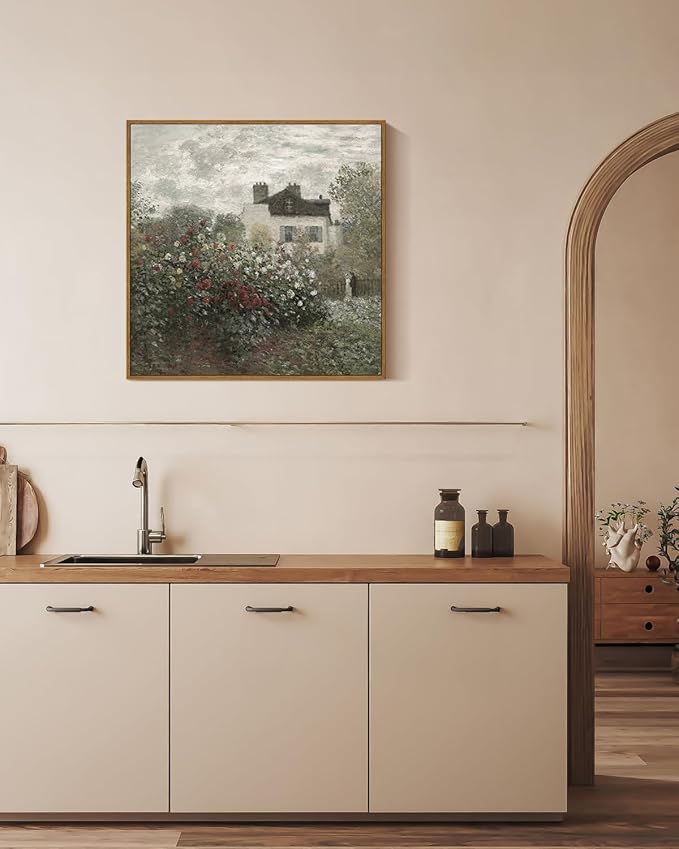 InSimSea Square Framed Canvas Wall Art, Large Decor Monet Flower Garden Paintings, Garden Scenery Wall Pictures for Bedroom Bathroom Living Room, Canvas Prints Vintage Farmhouse Decor 20"x20"