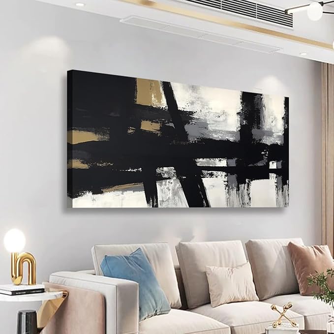 Black and White Abstract Pictures Canvas Wall Art for Living room Office Bedroom Wall Decor,Abstract Wall Art Print Paintings Modern Black Yellow Artwork Waterproof Ready to Hang-20x40inch