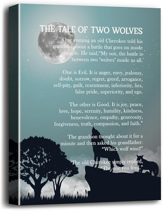 Wolf Poster, The Tale of Two Wolves, Canvas Wall Art Inspirational Quote Decor, Wolf Décor, Wolf Gifts, Canvas Prints Poster Wall Art (Blue)