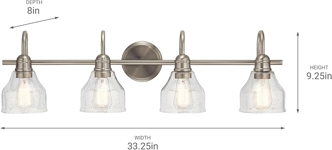 Kichler Avery 33.25" Vanity Bath Light in Brushed Nickel, Vintage 4-Light Bathroom Wall Mount Fixtured with Clear Seeded Glass, (24" W x 9.25" H), 45974NI White