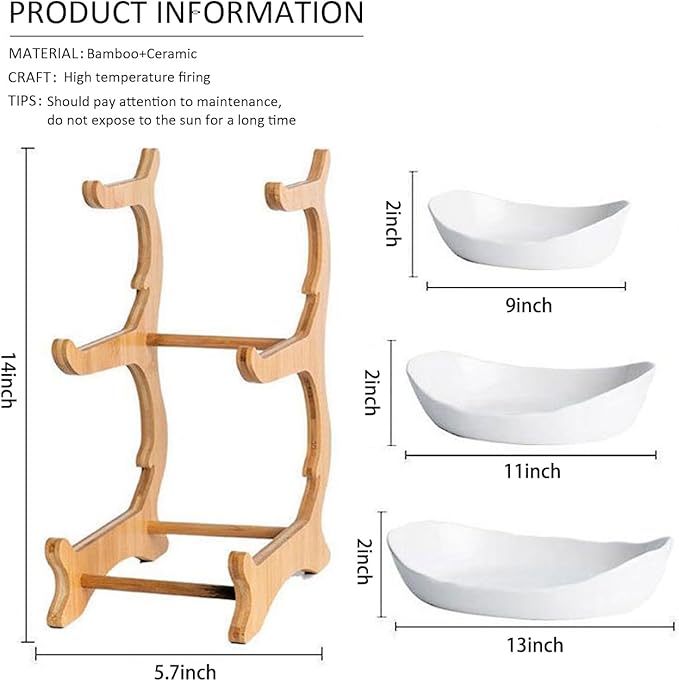 Large 3 Tier Ceramic Fruit Bowl With Bamboo Wood Stand for Kitchen Counter,Porcelain Fruit Basket for Fruit Storage,Snack Dessert Cake Tray Plate Rack for Party Wedding - Big White
