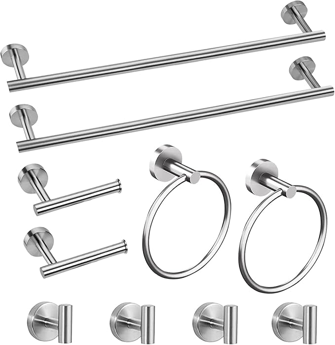 Cilee 10 Piece Brushed Nickel Bathroom Accessories Set, 16 inch Brushed Nickel Bathroon Hardware Set Towel Bar Ring Toilet Paper Holder Robe Towel Hook SUS304 Stainless Steel