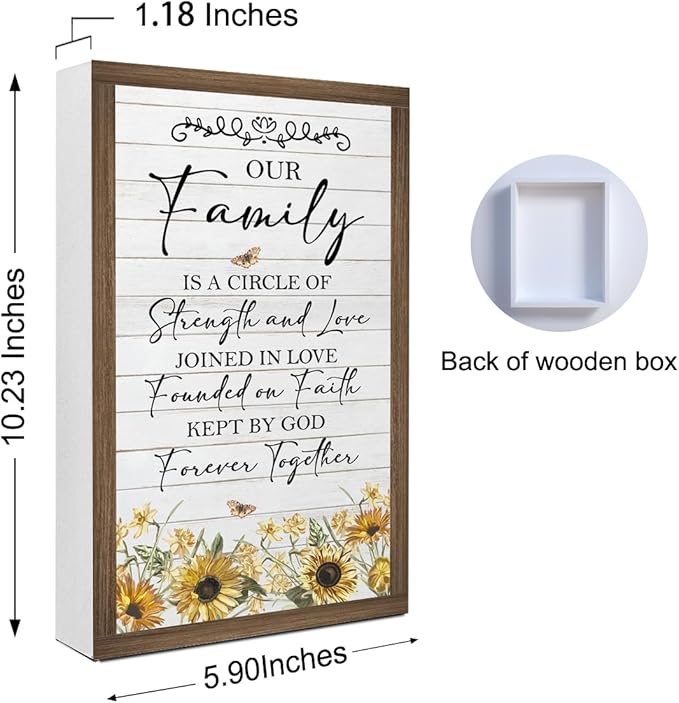 Our Family is a Circle of Strength and Love Wooden Box Sign,10.3 * 6 Inches,Rustic Family Saying Wooden Block Sign for Home Farmhouse Bedroom Shelf Tabletop Wall Decor