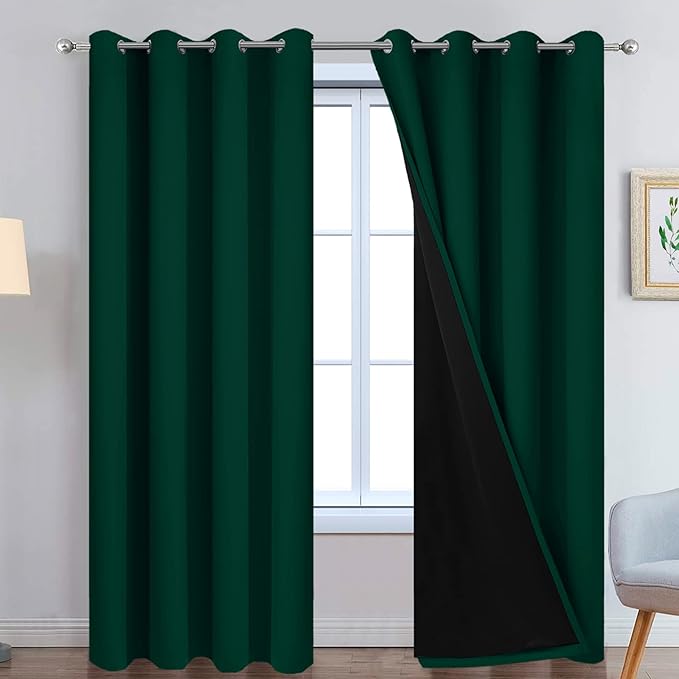 Yakamok 100% Blackout Curtain for Bedroom,Thermal Insulated Drapes with Black Liner Full Room Darkening Energy Efficiency Window Curtains for Living Room(52Wx90L,Dark Green, 2 Panels)