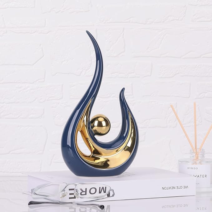 LCCCK Blue Gold Abstract Figurine Statues for Home Decor – Modern Ceramic Sculpture Accent, Decorative Statues for Living Room, Shelf, TV Stand, Office or Coffee Table Centerpiece Art Decoration