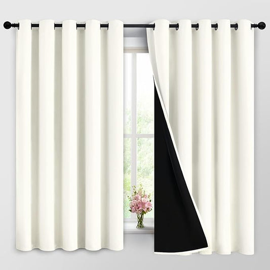Yakamok 100% Cream Blackout Curtains for Bedroom, Light Blocking Thermal Insulated Noise Reducing Blackout Drapes for Living Room(62Wx63L, 2 Panels)