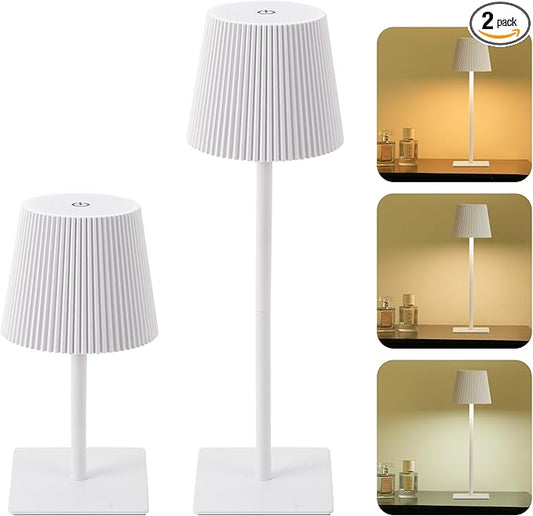 LUTEC 2 Pack Cordless Table Lamp,6000mAh Rechargeable Battery Operated Desk Lamp,Two Adjustable Heights,Waterproof, Touch Control & 3 Color Stepless Dimming for Restaurant/Bedroom/Bars/Outdoor (White)