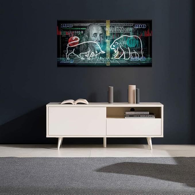 Yatsen Bridge Large Size Stock Market Bull VS Bear Artwork Paintings Motivational 100 Dollar Money Benjamin Franklin Canvas Wall Art Wooden Framed Ready to Hang - 32x16 inches