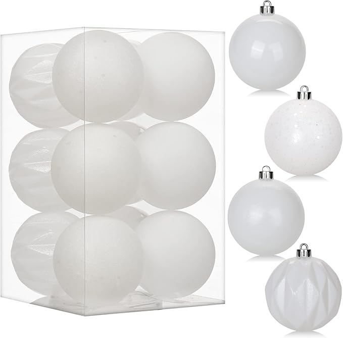 12PCS 3.15" Christmas Ball Ornaments Shatterproof White Christmas Tree Decorations Xmas Tree Balls Halloween Ornaments Décor