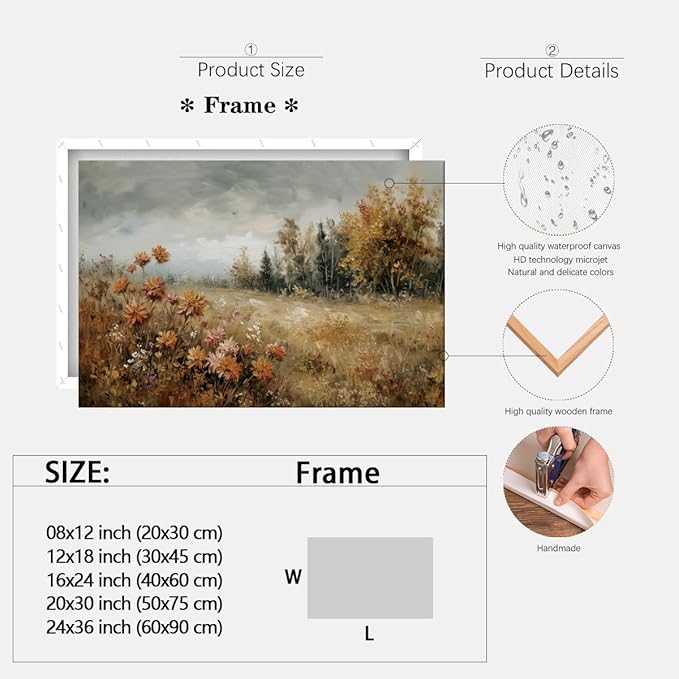 Fall Canvas Wall Art Wildflower Posters Autumn Landscape Pictures Print Art Vintage Rustic Farmhouse Wall Decor 24x36inch Framed