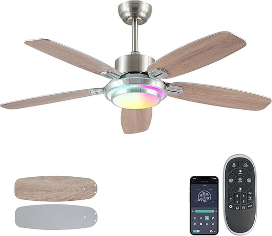 Ceiling Fans with Lights Remote/APP Control, 50" RGB Low Profile Ceiling Fan with Dimmable LED Colorful Light,Flush Mount,6 Speeds 5 Reversible Blades for Bedroom,Living Room, Nickel