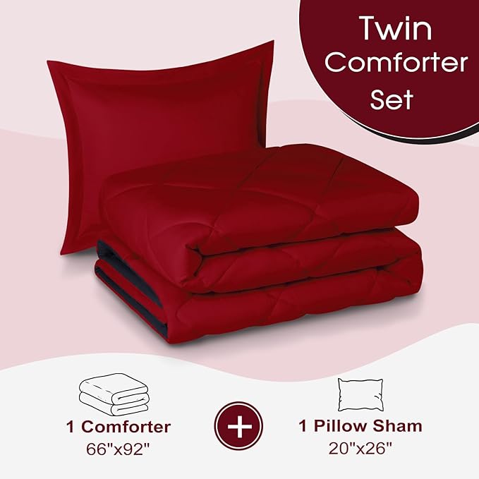 Basic Beyond Twin Comforter Set - Red Twin Comforter Set, Reversible Twin Bed Comforter Set for All Seasons, Black/Red, 1 Comforter (66"x92") and 1 Pillow Sham (20"x26"+2")