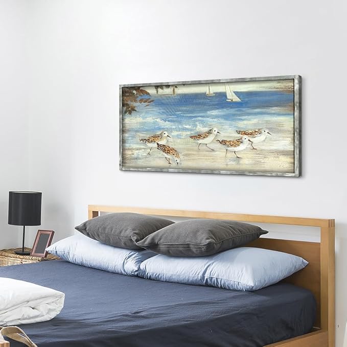 Coastal Beach Birds Framed Abstract Paintings Canvas Prints Wall Art for Bedroom Wall Decor Artworks Pictures Wall Decorations for Living Room(60"*30")
