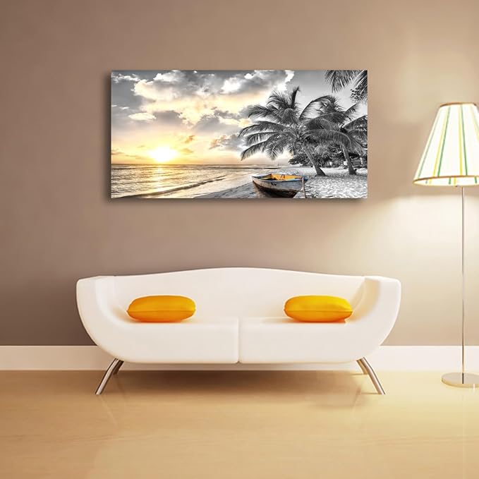 Black and White Beach Pictures Canvas Wall Art for Living room Bedroom Wall Decor,Seascape Wall Art Print Paitnings for home Decor,Morden Artwork Sunset Canvas Art Waterproof Stretched Ready to