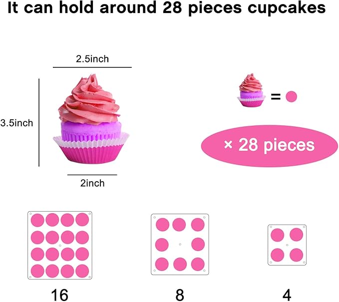 YestBuy 3 Tier Square Cupcake Stand - Premium Cupcake Holder - Acrylic Cupcake Tower Display - 3 Tier Acrylic Display for Pastry + LED Light String - Ideal for Weddings, Birthday Parties(Pink Light)