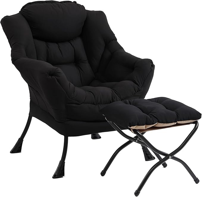Modern Lazy Chair with Folding Footrest, Lounge Accent & Comfortable Reading Chair (Black)