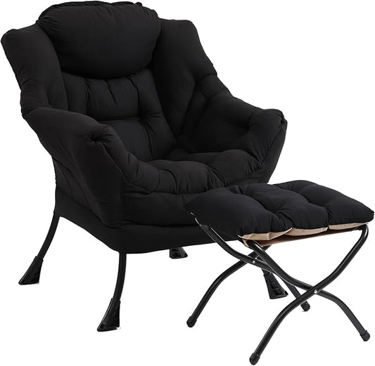 Modern Lazy Chair with Folding Footrest, Lounge Accent & Comfortable Reading Chair (Black)