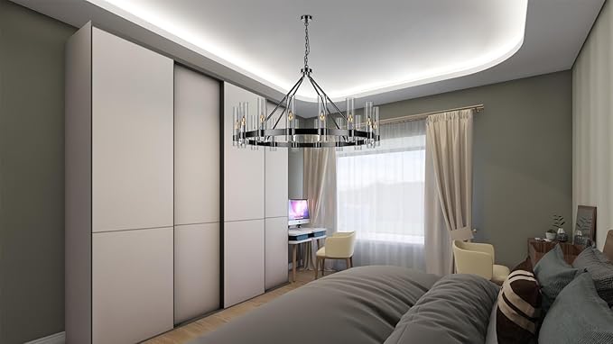 48 Inch Black Wagon Wheel Chandelier with Glass Shade, 16 Lights, Modern Farmhouse Style, Ideal for Dining Room, Kitchen, Entryways