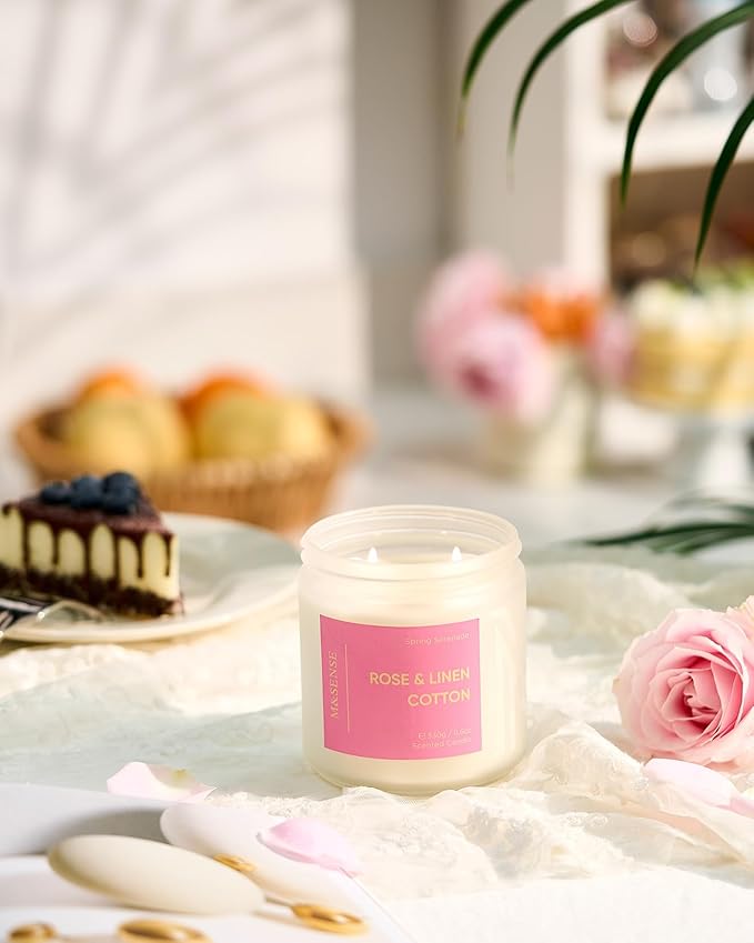 M&SENSE Rose Linen Cotton Spring Scented Candle - 11.6oz Natural Soy Wax Non Toxic Candle for Mothers Day 70-Hour Slow-Burning Time Aromatherapy Gifts for Women & Home Decor