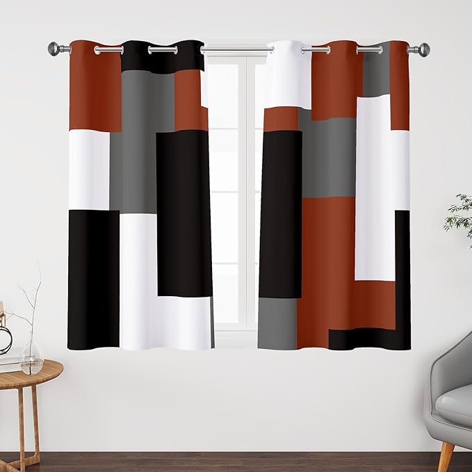 Burnt Orange 100% Blackout Curtains for Bedroom 45 inch Length 2 Panels Set White Grey Modern Abstract Geometric Fall Black Out Curtains Insulated Room Darkening Small Window Curtains, 42Wx45L