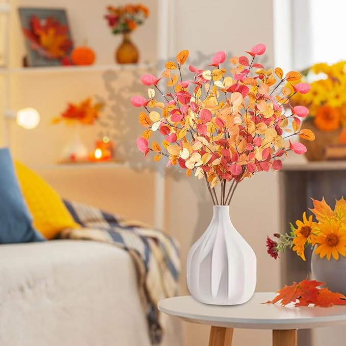 6Pcs Fall Artificial Flowers 27.6’’ Orange Autumn Eucalyptus Stems for Table Centerpieces Faux Eucalyptus Leaves Branches for Thanksgiving Floral Arrangements Home Party Decoration