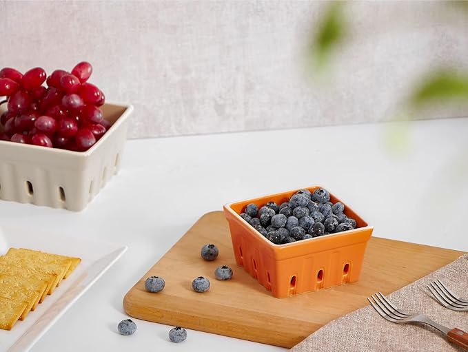 ONEMORE Ceramic Berry Basket, Rustic Stoneware Berry Bowls Colander, Square Fruit Bowls for Kitchen Décor Set of 4, 4.5 inch, Assorted Color