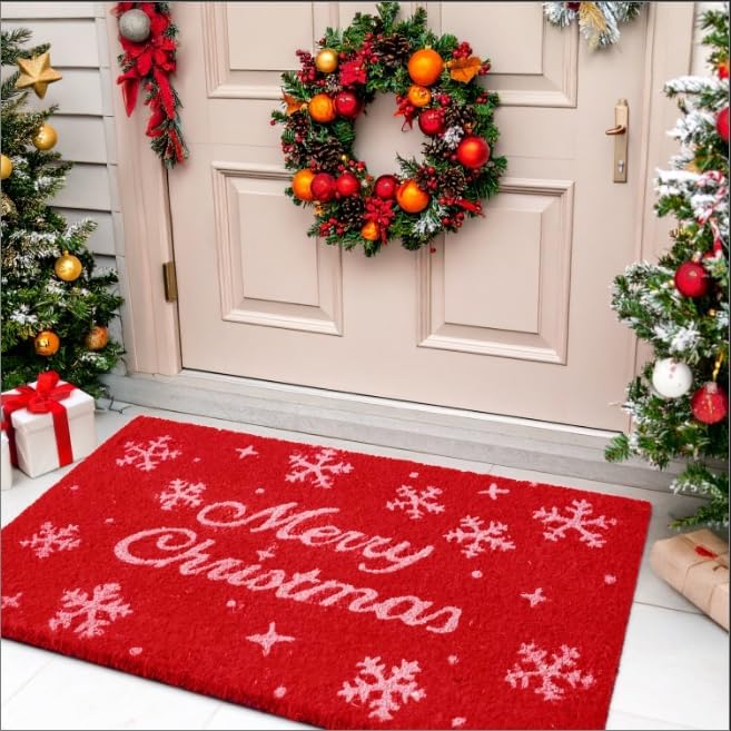 Merry Christmas Door Mat – Coir Front Door Mat for Outdoor Entrance, Holiday Welcome Mat, Durable Non-Slip Christmas Outdoor Mat (17" x 30")`