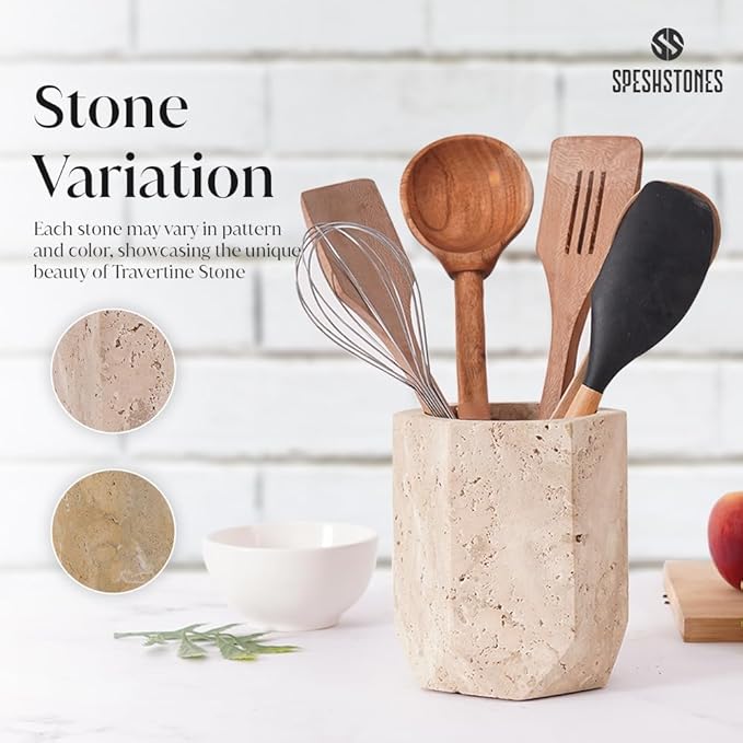 Marble Utensil Holder 6.5 Inch Travertine Cooking Utensil Crock for Countertop Storage, Modern Stone Utensils Caddy, Spoon & Spatula Organizer for Farmhouse Kitchen Decor