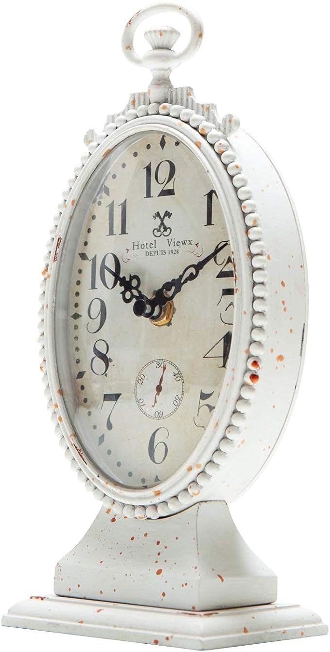 NIKKY HOME Vintage Table Clock, Battery Operated Rustic Distressed Style, Shabby Chic Home Décor for Fireplace Mantel, Shelf, Desktop, Countertop - White