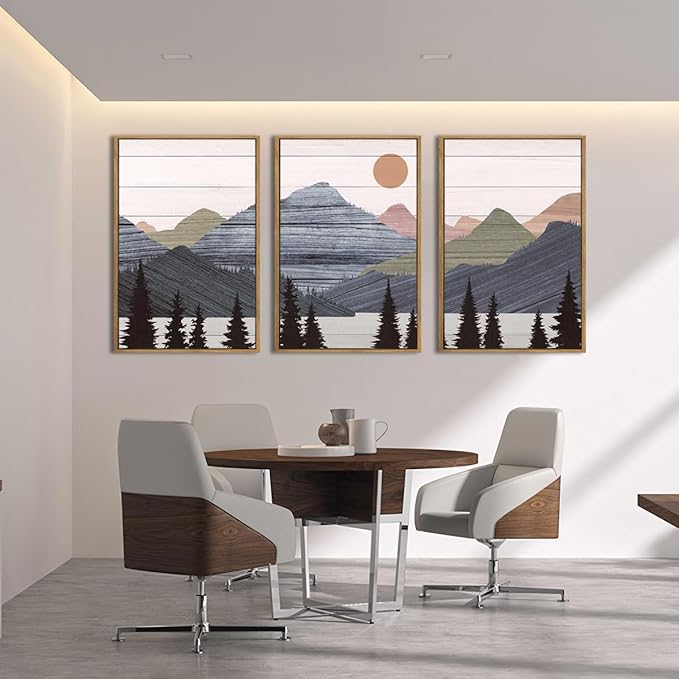 ANHUIB Mountain Wall Art 24x36 Inch Large Mountain Range Art Print Forest Painting Set of 3 for Living Room Bedroom Office