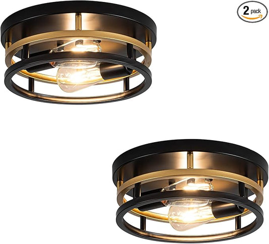 2 Light Industrial Ceiling Light Black Gold Semi Flush Mount Lights Close to Ceiling Light Fixtures,cage design Farmhouse Ceiling Lighting for Kitchen Bedroom Bathroom Foyer Hallway (E26, 2Pack)