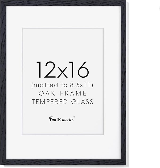 Black Picture Frame 12x16, Oak Wood 12"x16" Photo Frame for Wall, 12x16 Frame with Mat for 8.5x11, 12 x 16 Poster Frames - Tempered Glass (Black, 1 Pack)