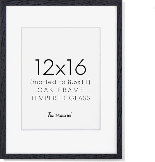 Black Picture Frame 12x16, Oak Wood 12"x16" Photo Frame for Wall, 12x16 Frame with Mat for 8.5x11, 12 x 16 Poster Frames - Tempered Glass (Black, 1 Pack)