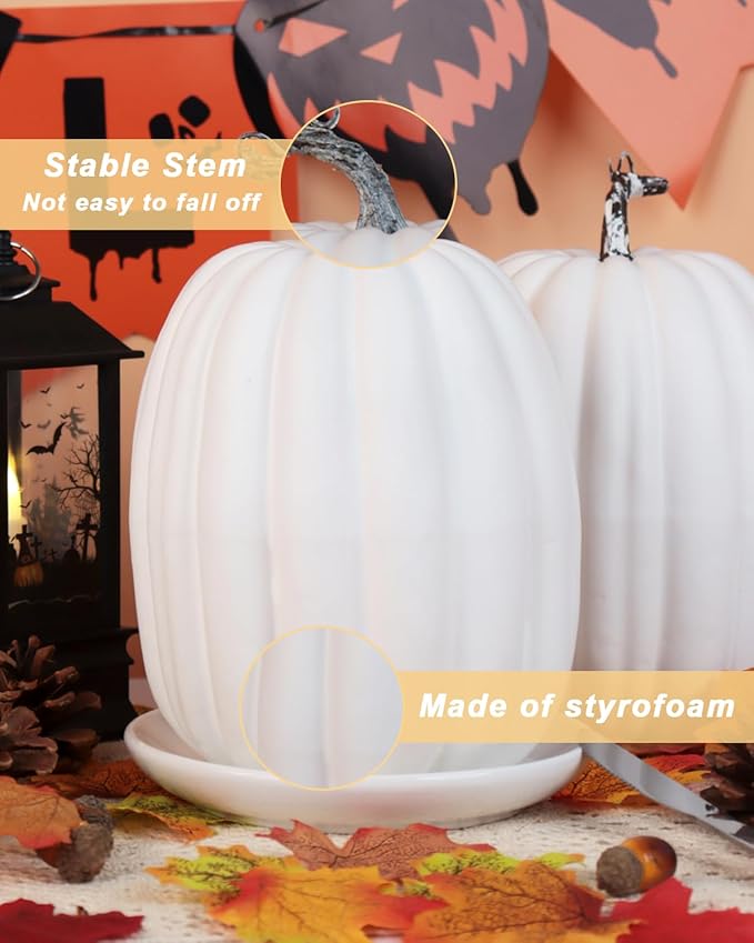 vensovo 2PCS 8 Inch White Plastic Pumpkins for Decorating – Large Artificial Foam Pumpkins for Fall Decor, Halloween, Thanksgiving, Paintable for DIY Crafts & Centerpieces