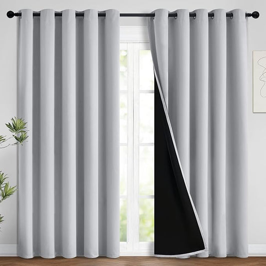 Yakamok 100% Blackout Lined Panels, Room Darkening Thermal Insulated Blackout Curtains for Bedroom, Heat Blocking Drapes for Living Room(62Wx84L, Light Grey, 2 Panels)