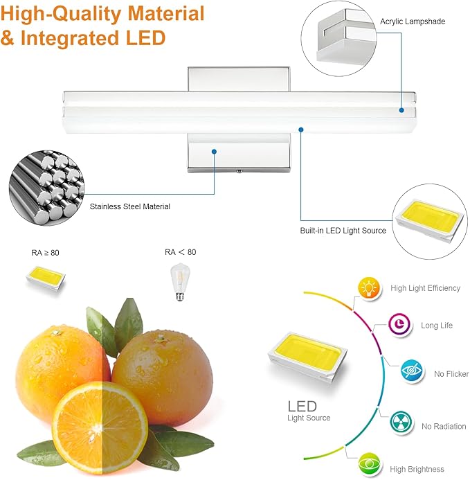 SineRise 16-Inch LED Modern Bathroom Vanity Light Bar, Chrome Modern Acrylic Bathroom Wall Lighting Fixtures Over Mirror (Cool White 6000K)