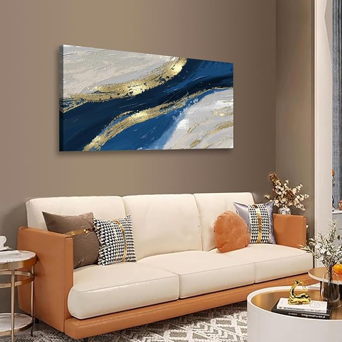 Golden Abstract Wall Art Bedroom Wall Decor Living Room,Blue Canvas Wall Art Office Farmhouse Paintings Artwork Modern Blue White Boho Wall Art Prints Pictures 20 * 40inch