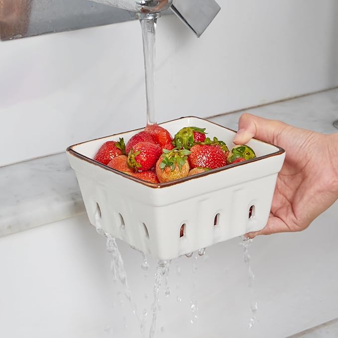 ONEMORE Ceramic Berry Basket Square Fruit Bowls with Holes Berry Bowl Colander Fruit Basket for Kitchen Décor - 5.8" Berry Containers for Fridge, Set of 2, Cream White
