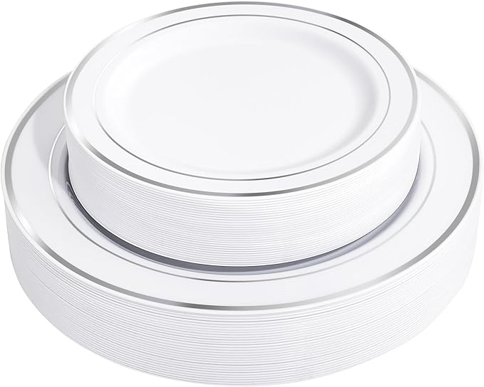 FLOWERCAT 60PCS Silver Plastic Plates - Heavy Duty White and Silver Plastic Plates Disposable - Include 30PCS 10.25inch Dinner Plates and 30PCS 7.5inch Dessert Plates for Wedding&New Year