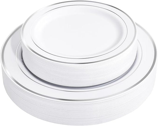FLOWERCAT 60PCS Silver Plastic Plates - Heavy Duty White and Silver Plastic Plates Disposable - Include 30PCS 10.25inch Dinner Plates and 30PCS 7.5inch Dessert Plates for Wedding&New Year