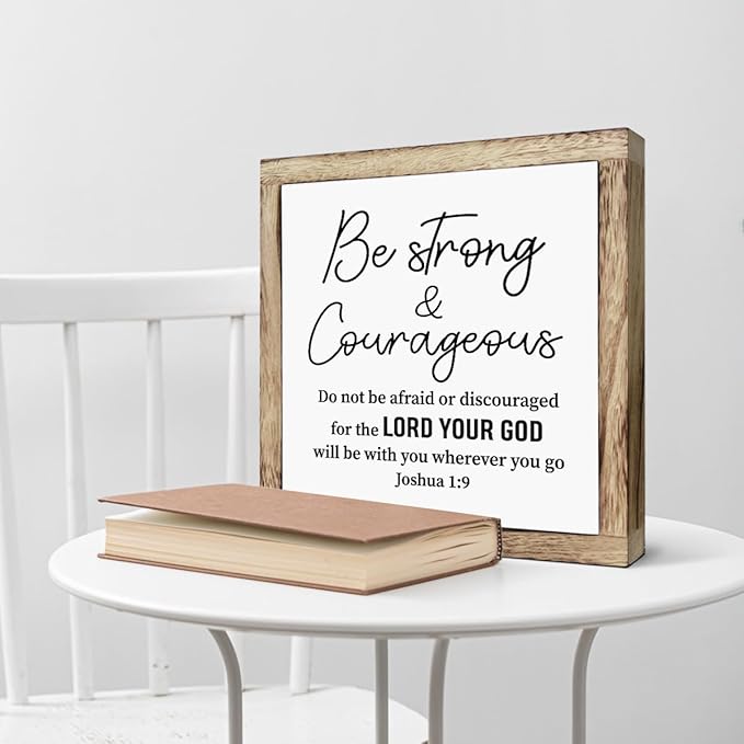 Scripture Be Strong and Courageous Wooden Plaque Box Sign, Inspirational Wood Art, Christian Home Decor for Living Room, Motivational Desk Gift
