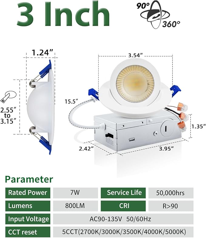 zouzai 5CCT LED Gimbal Led Recessed Light with Junction Box, 360°+90° Adjustable Directional Eyeball Lighting, Dimmable, 2700K/3000K/3500K/4000K/5000K,ETL&Energy Star (White 6 Pack, 3 inch)