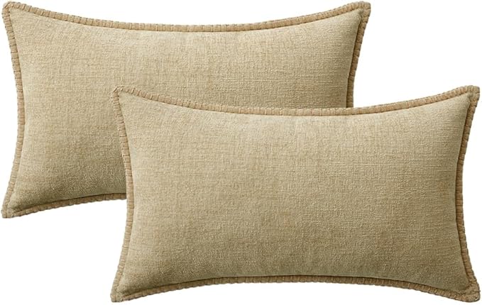 MIULEE Pack of 2 Couch Throw Pillow Covers 12x20 Inch Beige Farmhouse Decorative Pillow Covers with Stitched Edge Soft Chenille Solid Dyed Spring Pillow Covers for Sofa Bed Living Room