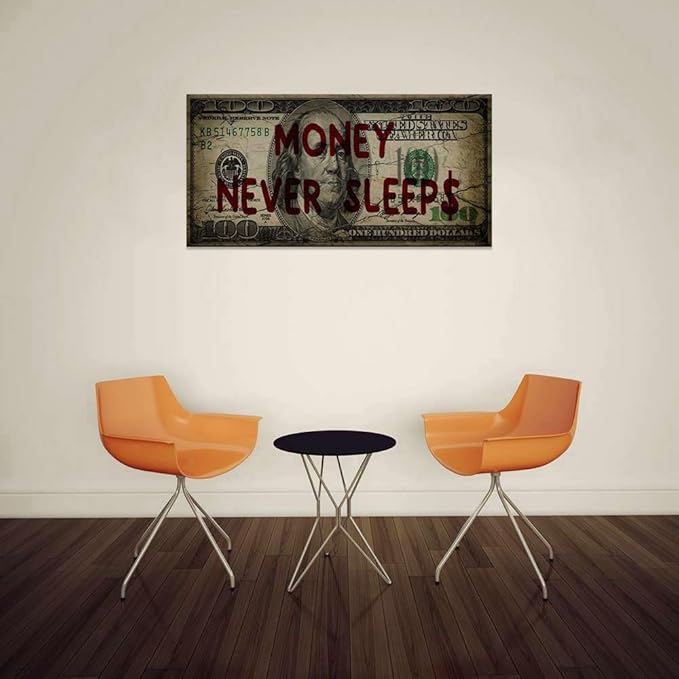 Canvas Money Wall Art Money Never Sleeps Inspirational Dollar Artwork Poster Canvas Painting Framed Ready to Hang-32x16 inches