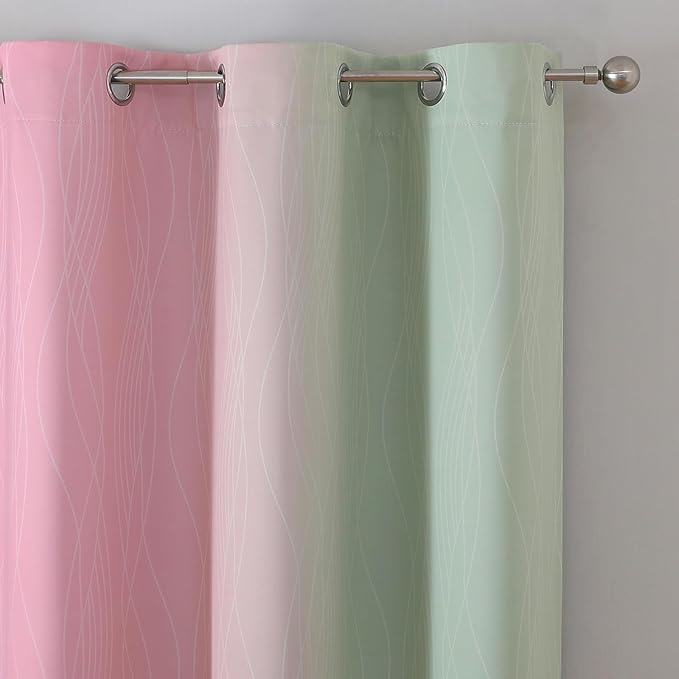 Estelar Textiler Pink and Sage Green Blackout Curtains & Drapes for Bedroom, Thermal Insulated Ombre Blackout Drapes, Room Darkening Energy Saving Curtains for Living Room, 42Wx63L, 2 Panels