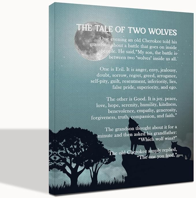 Wolf Wall Art: The Tale of Two Wolves - Native American Inspirational Quote Canvas Poster, Decor and Gifts (10x12 inch)